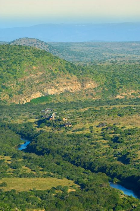 Aerial view of Kwandwe Great Fish River Lodge in South Africa