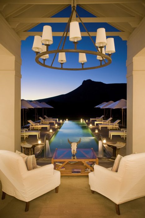 The manor pool at night at Samara in South Africa in the Karoo with Bellingham Safaris