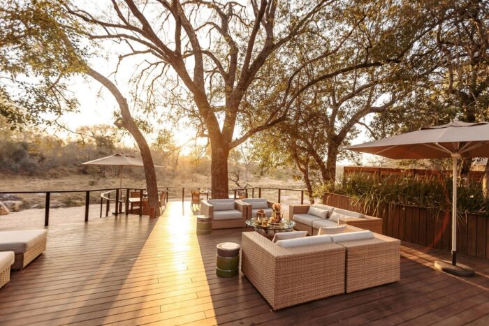 Dulini Moya Main deck overlooking Mabrak Riverin Sabi Sands in South Africa with Bellingham Safaris in Luxury